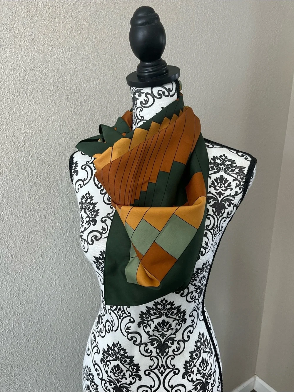 Monique Valery Green & Mustard Geometric Silk Scarf